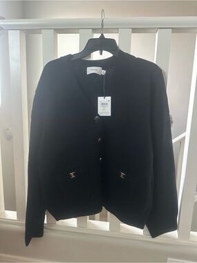 Coach Black Button-Front Knit Cardigan with Logo Pocket Hardware